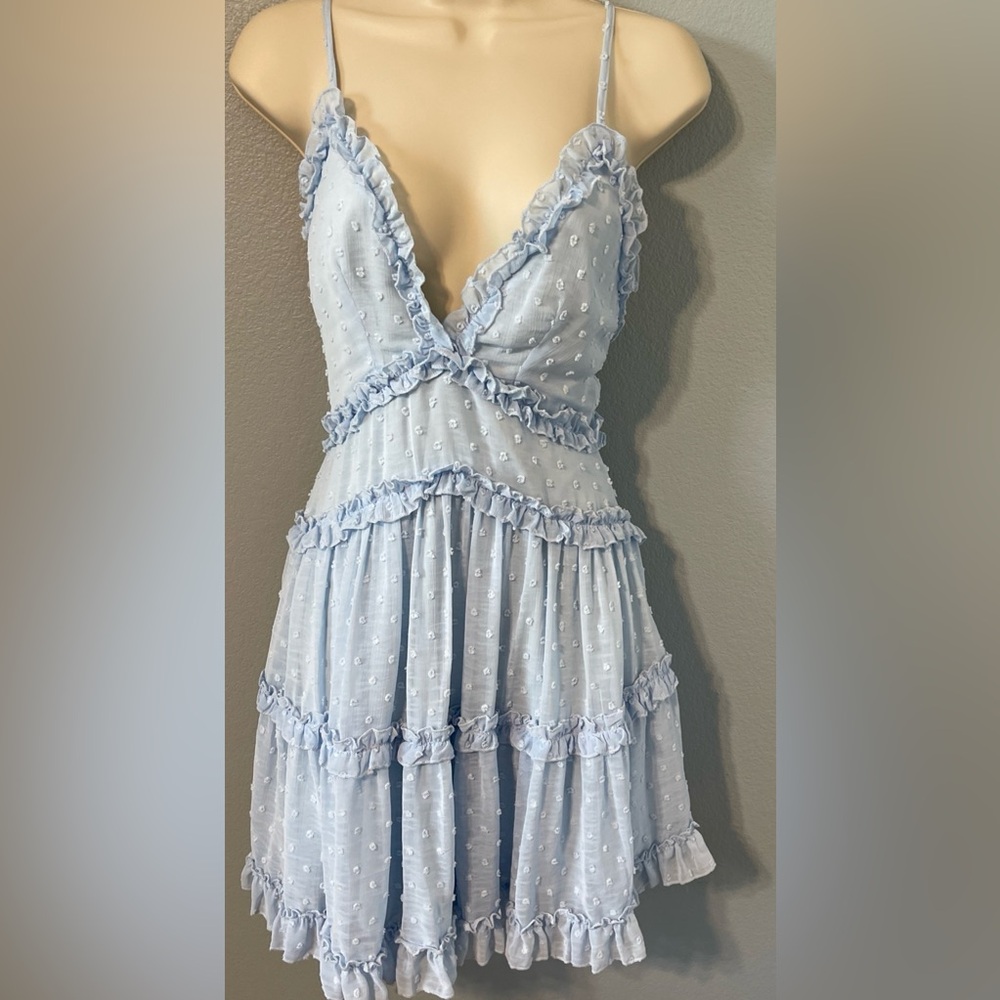 Edite Mode Blue Swiss Dot Tiered Mini Dress Ruffle Babydoll Coquette Party Small - Picture 5 of 13